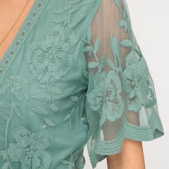 Lace Teal Turquoise Green Deep V Romper - Picture 4 of 5